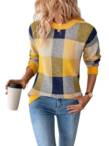 Orange and White Checkered Sweater - GORGLITTER Womens Argyle Checkered Sweater Plaid Long Sleeve Fall Knit Sweater Pullover Tops Yellow and Blue