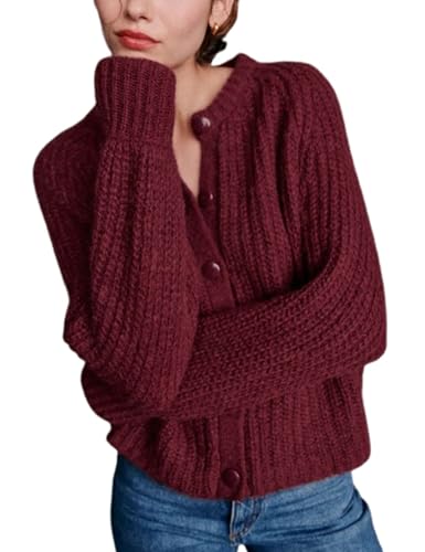 Bianstore Womens Casual Long Sleeve Crewneck Button Down Cardigan Sweater Knit Outwear Burgundy