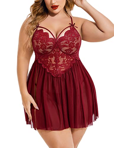 Valentine's Day - Plus Size Lingerie Lace Babydoll Womens Strap Chemise Nightgown V Neck Nighty Mesh Sleepwear Side Slit Nightdress Dark Red