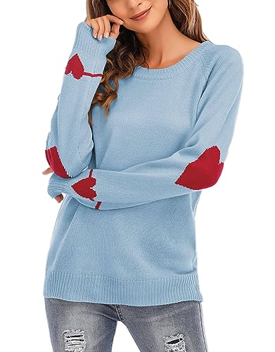 Heart Shirt - shermie Womens Cute Heart Pattern Elbow Patchwork Knitted Sweaters Long Sleeve Crew Neck Casual Pullover B Blue