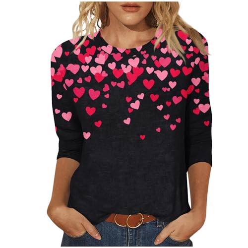 Valentines Day Shirts for Women Aesthetic Cute Love Heart Print TShirt 34 Length Sleeve Tunic Tops Cotton Pullovers Heart 3#pink