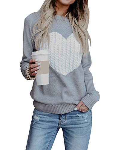 Heart Shirt - shermie Womens Pullover Sweaters Long Sleeve Crew Neck Cute Heart Knitted Casual Sweater A Grey