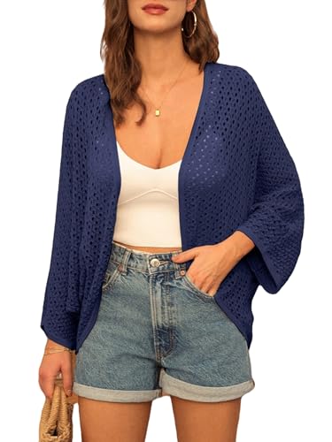 GRACE KARIN Open Front 34 Sleeve Batwing Cardigan for Women Lightweight Crochet Summer Cardigan HollowOut Cover Ups Navy Blue