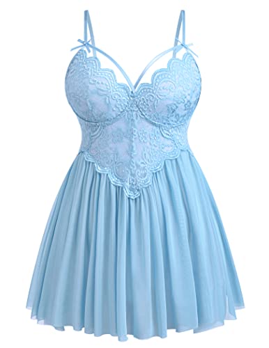 Valentine's Day - Plus Size Lingerie Lace Babydoll Womens Strap Chemise Nightgown V Neck Nighty Mesh Sleepwear Side Slit Nightdress Baby Blue