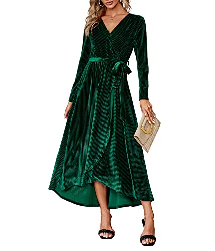 Christmas Green Dress - BerryGo Womens Velvet V Neck Wrap Semi Formal Dress Cocktail Party Maxi Dress for Wedding Guest Y-velvet Long Sleeve Emerald Green(faux Wrap)