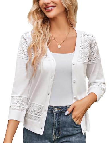 GRACE KARIN Womens 2024 Cropped Cardigan 34 Sleeve Lightweight Crochet Shrug HollowedOut Knit Sweater Tops Ivory White