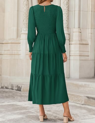 Christmas Green Dress - ZESICA Womens 2024 Casual Long Sleeve Crew Neck High Waist Smocked Flowy Tiered Midi Dress