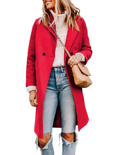 Blue Coat - Tanming Womens Notch Lapel Double Breasted Wool Blend Mid Long Pea Trench Coat Red