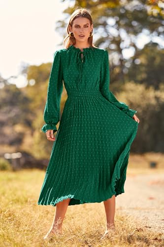 PRETTYGARDEN Womens 2024 Fall Midi Dress Casual Long Sleeve V Neck Swiss Dot Pleated A Line Flowy Dresses