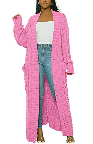 Long Sweaters for Women Cardigan Open Front Long Sleeve Plus Size Chunky Cable Knit Duster Cardigans with Pockets Winter Coat Pink