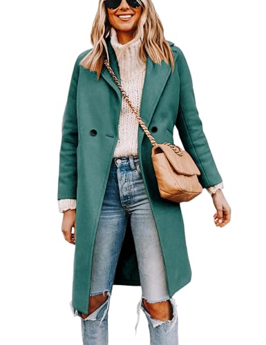 Blue Coat - Tanming Womens Notch Lapel Double Breasted Wool Blend Mid Long Pea Trench Coat Teal