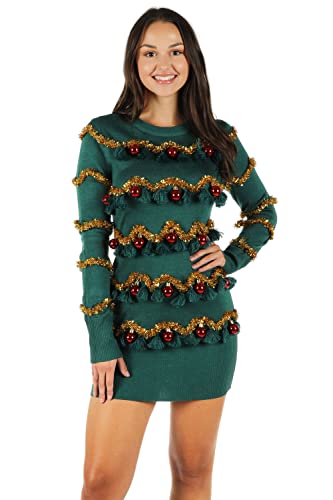 Christmas Green Dress - Tipsy Elves Christmas Sweater Dresses for Women Cute Winter Themed Dresses Instant Holiday Outfits Tasseled Christmas Tree (Green Yellow Red)