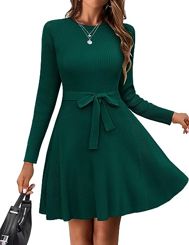 HOTOUCH Womens Fall Winter Casual Dress Crewneck Long Sleeve ALine Sweater Dress Bodycon Ribbed Knit Dress with Belt