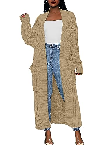 Yellow Cardigan - Caracilia Womens Long Cardigan Sweaters 2024 Fall Open Front Coat Long Sleeve Cable Knit Maxi Outerwear Trendy Jacket Clothes Khaki