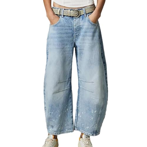 Rfm Jeans - Barrel Jeans Women Mid Rise Baggy Jeans Vintage Wide Leg Cropped Jeans Y2k Boyfriend Comfy Denim Pants Sky Blue