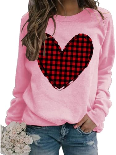 Heart Shirt - Valentines Day Crewneck Pullover Shirts Women Long Sleeve Love Heart Sweatshirts Graphic Lover Gift Mothers Day 01 Pink Plaid Heart