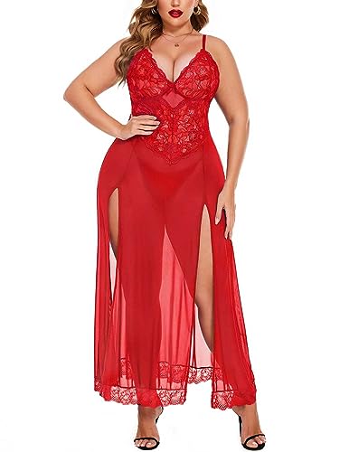 Valentine's Day - Plus Size Lingerie For Women Babydoll Sexy Mesh Maxi Nightdress Strappy Exotic Sleepwear Side Slits Red