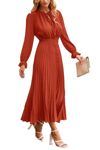 PRETTYGARDEN Womens 2024 Fall Midi Dress Casual Long Sleeve V Neck Swiss Dot Pleated A Line Flowy Dresses Brick Red