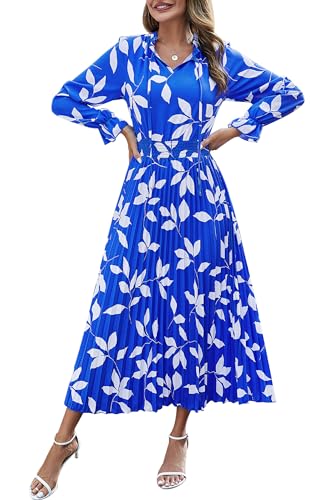 PRETTYGARDEN Womens 2024 Fall Midi Dress Casual Long Sleeve V Neck Swiss Dot Pleated A Line Flowy Dresses Blue Leaves