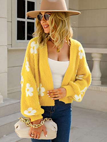 Yellow Cardigan - ECOWISH Women Floral Cropped Cardigan Fall Long Sleeve Open Front Fuzzy Daisy Print Knit Sweaters Casual Y2k Outerwear