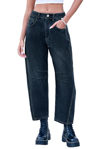 Rfm Jeans - Mid Rise Barrel Jeans for Women Wide Leg Mid Waist Cropped Denim Pants Y2k Baggy Boyfriend Jeans with Pockets Indigo