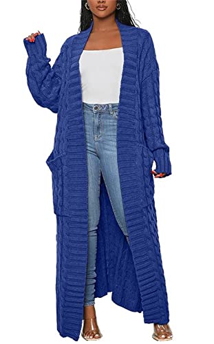 Long Sweaters for Women Cardigan Open Front Long Sleeve Plus Size Chunky Cable Knit Duster Cardigans with Pockets Winter Coat Blue