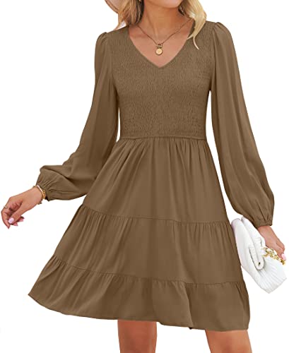 ZESICA Womens Casual V Neck Long Sleeve Smocked High Waist Ruffle A Line Tiered Mini Dress Mocha