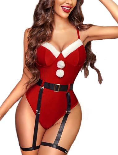 Avidlove Santa Christmas Lingerie Sexy Santa Lingerie for Women Christmas Outfit Teddy Bodysuit Costume with Garter Belts Red