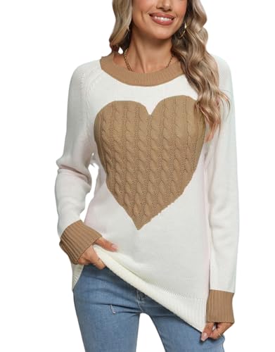 Heart Shirt - shermie Womens Pullover Sweaters Long Sleeve Crew Neck Cute Heart Knitted Casual Sweater E 1988 Off White&khaki