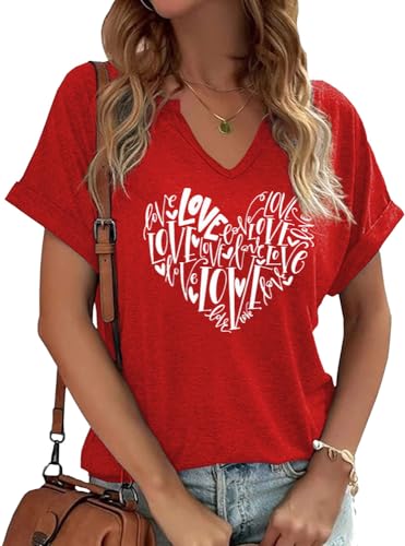 Heart Shirt - Earlymemb Womens Lover Heart Graphic V Neck Shirt Valentines Day Funny Couple Matching Casual Short Sleeve Gift Tee Tops A-red-7