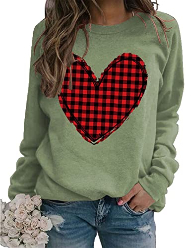 Heart Shirt - Valentines Day Crewneck Pullover Shirts Women Long Sleeve Love Heart Sweatshirts Graphic Lover Gift Mothers Day 01 Green Plaid Heart