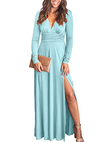 Christmas Party Dress - ANRABESS Women Deep V Neck Long Sleeve Slit 2024 Fall Elegant Formal Wedding Guest Cocktail Evening Date Prom Maxi Long Dress Z-light Blue