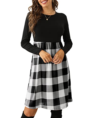 Christmas Green Dress - PALINDA Womens Plaid Long Sleeve Empire Waist Pleated Loose Swing Casual Flare Midi Dress with Belt