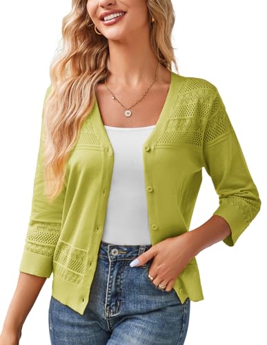 GRACE KARIN Womens 2024 Cropped Cardigan 34 Sleeve Lightweight Crochet Shrug HollowedOut Knit Sweater Tops Lemon Green