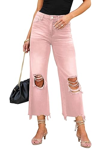 Rfm Jeans - LOLONG High Waisted Ripped Flare Jeans for Women Casual Distressed Pants Pink