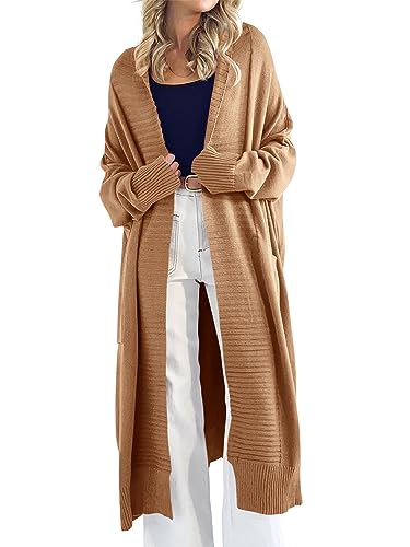 Danedvi Womens Long Cardigan Sweaters 2024 Fall Chunky Knit Oversized Slouchy Open Front Warm Coats with Pockets Camel