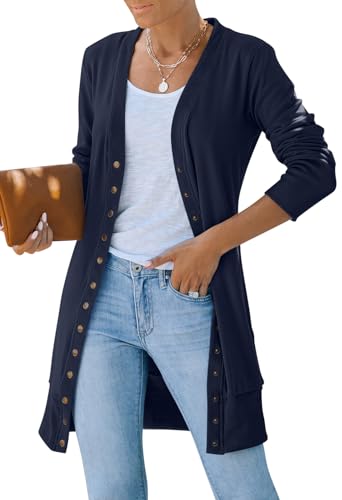 Yellow Cardigan - MEROKEETY Womens 2024 Fall Long Sleeve Snap Button Down Solid Color Knit Ribbed Neckline Cardigans Navy