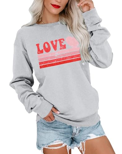 Heart Shirt - LUKYCILD Valentines Day Love Heart Shirt Women Casual Crewneck Sweatshirts Funny Love Graphic Tee Long Sleeve Pullover Tops Grey