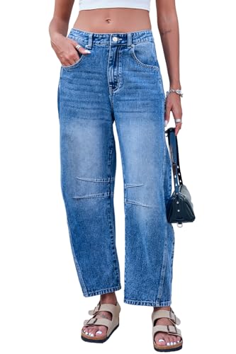 Rfm Jeans - Mid Rise Barrel Jeans for Women Wide Leg Mid Waist Cropped Denim Pants Y2k Baggy Boyfriend Jeans with Pockets Dark Blue