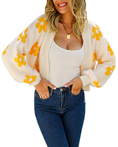 Yellow Cardigan - ECOWISH Women Floral Cropped Cardigan Fall Long Sleeve Open Front Fuzzy Daisy Print Knit Sweaters Casual Y2k Outerwear Beige