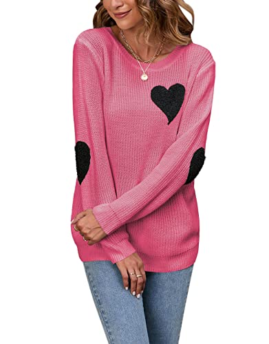 Heart Shirt - shermie Womens Cute Heart Pattern Elbow Patchwork Knitted Sweaters Long Sleeve Crew Neck Casual Pullover T-pink