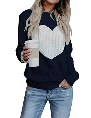 Heart Shirt - shermie Womens Pullover Sweaters Long Sleeve Crew Neck Cute Heart Knitted Casual Sweater A Navy