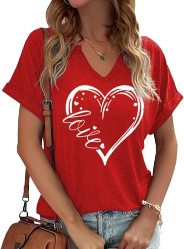 Heart Shirt - Earlymemb Womens Lover Heart Graphic V Neck Shirt Valentines Day Funny Couple Matching Casual Short Sleeve Gift Tee Tops A-red-11