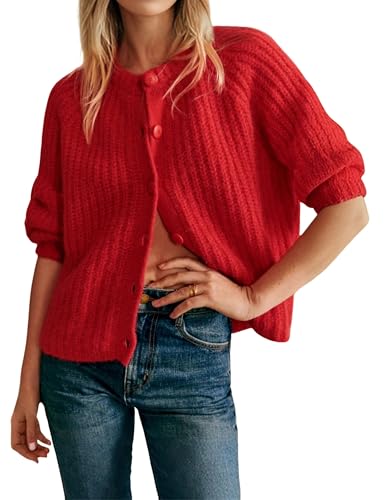 Bianstore Womens Casual Long Sleeve Crewneck Button Down Cardigan Sweater Knit Outwear Red