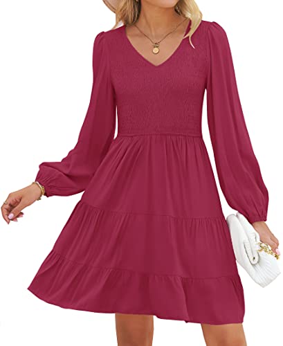 ZESICA Womens Casual V Neck Long Sleeve Smocked High Waist Ruffle A Line Tiered Mini Dress Plum