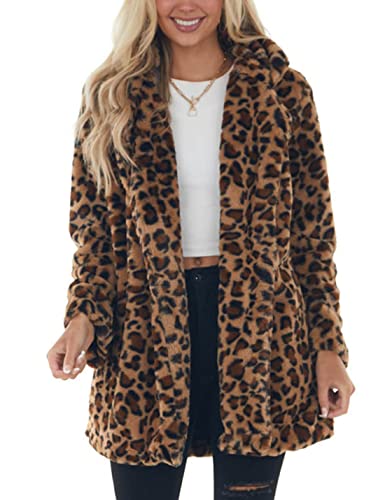 Leopard Print Denim Jacket - Omoone Womens Faux Fur Jackets Autumn Winter Leopard Coats Loose Fur Coat with Pockets