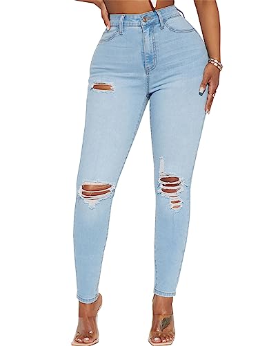 Rfm Jeans - SheKiss Boyfriend Stretchy Jeans for Women Distressed Frayed High Waisted Trendy Denim Blue Jeans Lightblue710