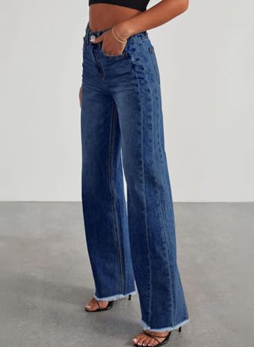 Mom Jeans - Sidefeel Womens Wide Leg Jeans High Waisted Strechy Raw Hem Denim Pants