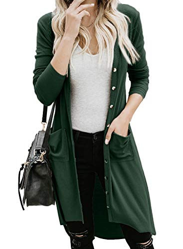 Alaster Queen Womens Open Front Cardigan Button Down High Low Hem Knitted Cardigan Outwear with Pockets Green