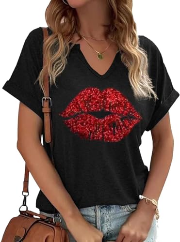 Heart Shirt - Earlymemb Womens Lover Heart Graphic V Neck Shirt Valentines Day Funny Couple Matching Casual Short Sleeve Gift Tee Tops B-black-1